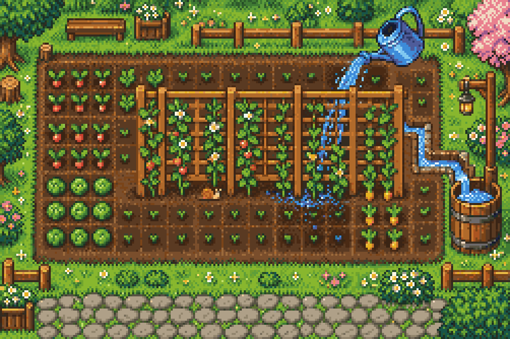A watering can overflowing a fenced bed